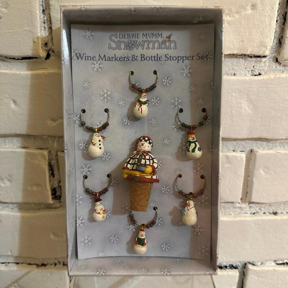New Debbie Mumm Snowman Wine Markers and Bottle Stopper Set